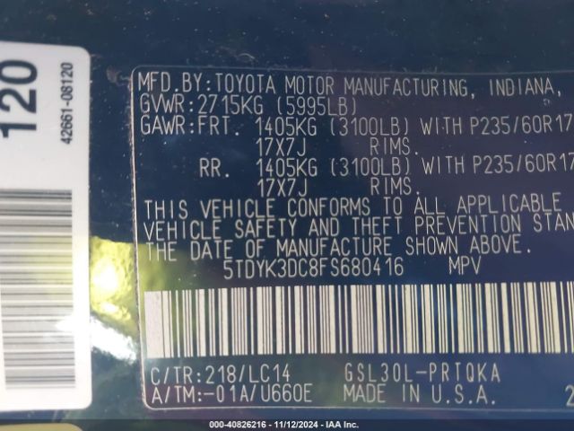 5TDYK3DC8FS680416 Toyota Sienna Xle/limited