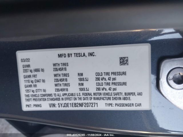 5YJ3E1EB2NF207271 Tesla Model 3 Long Range Dual Motor All-wheel Drive
