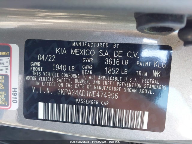 3KPA24AD1NE474996 KIA RIO S