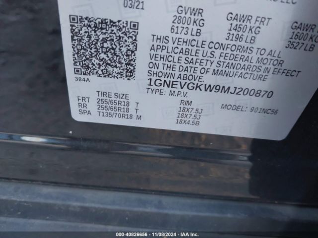 1GNEVGKW9MJ200870 Chevrolet Traverse Awd Lt Cloth
