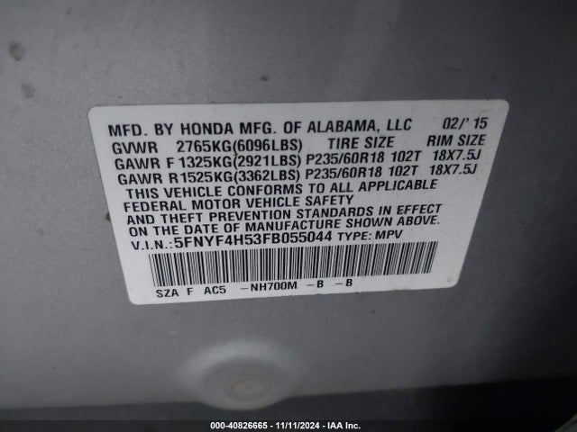 Honda Pilot Ex-l 2015 5FNYF4H53FB055044 Image 9