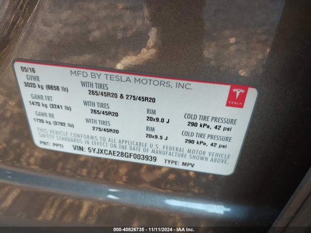 2016 TESLA MODEL X 5YJXCAE28GF003939 Photo 8