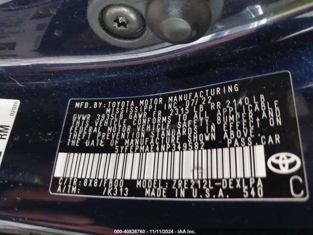 Toyota COROLLA LE 2022 5YFEPMAE4NP349582 Image 9