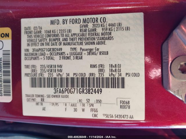 3FA6P0G71GR382449 Ford FUSION S