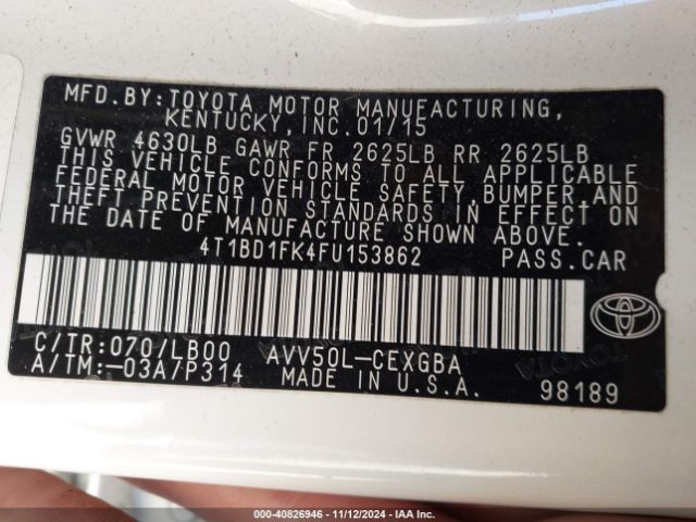 4T1BD1FK4FU153862 Toyota Camry Hybrid Xle