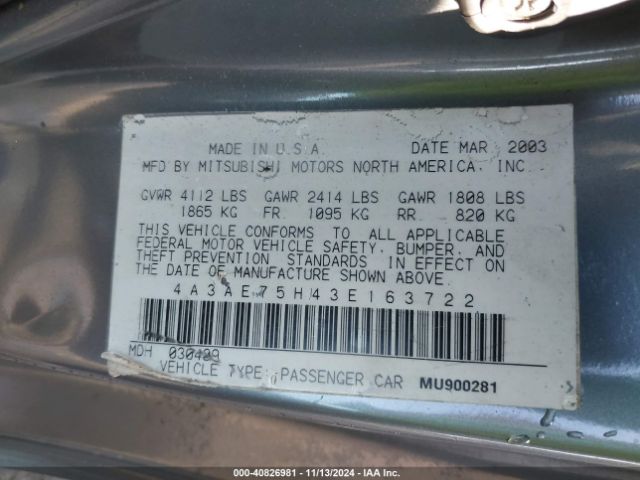 2003 MITSUBISHI ECLIPSE SPYDER 4A3AE75H43E163722 Photo 8