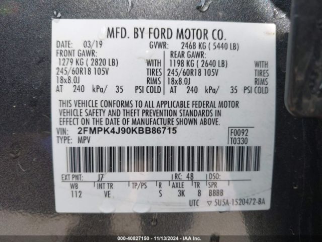 2FMPK4J90KBB86715 Ford EDGE SEL