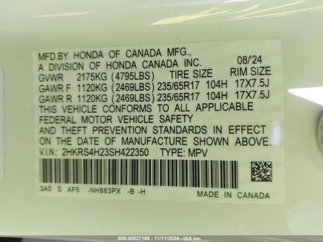 2HKRS4H23SH422350 Honda Cr-v Lx Awd