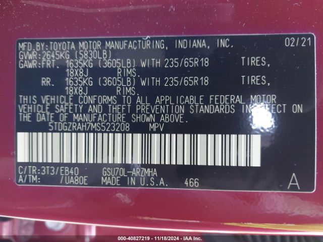 5TDGZRAH7MS523208 Toyota Highlander Xle