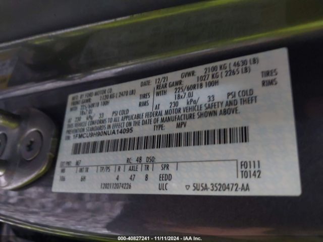 1FMCU9H90NUA14095 Ford ESCAPE SEL