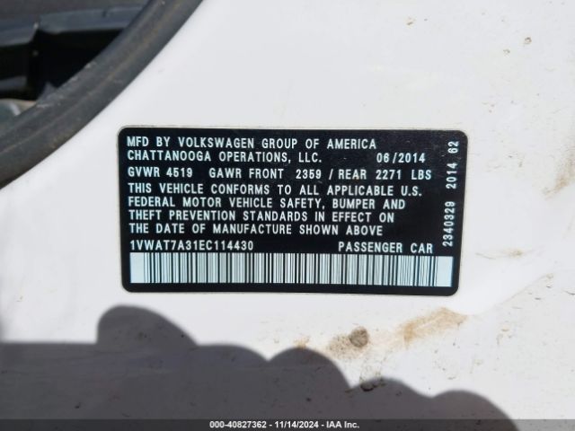 1VWAT7A31EC114430 Volkswagen Passat 1.8t S