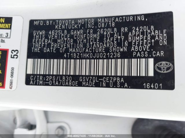 4T1BZ1HK0JU021236 Toyota Camry Xse V6