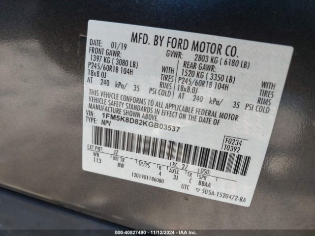 1FM5K8D82KGB03537 Ford EXPLORER XLT