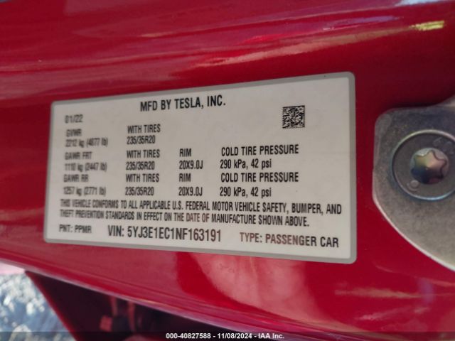 5YJ3E1EC1NF163191 Tesla Model 3 Performance Dual Motor All-wheel Drive
