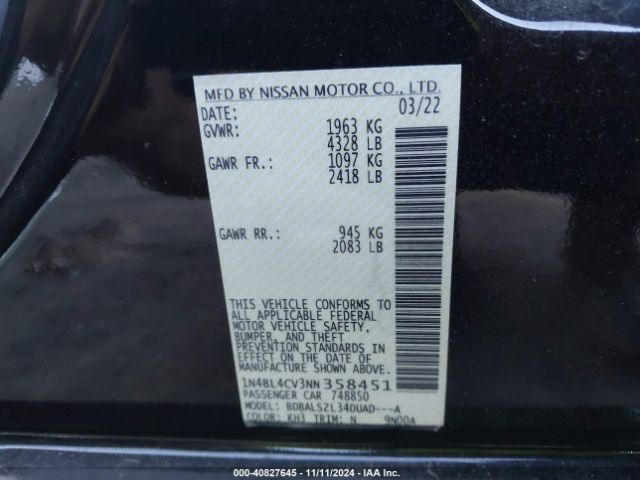 1N4BL4CV3NN358451 Nissan Altima Sr Fwd