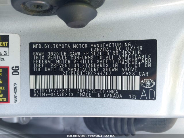 Toyota COROLLA LE 2019 2T1BURHE7KC244707 Image 9