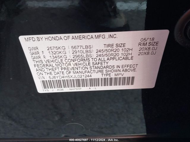 5J8YD4H5XJL021244 Acura Mdx Technology Package   Acurawatch Plus Pkg