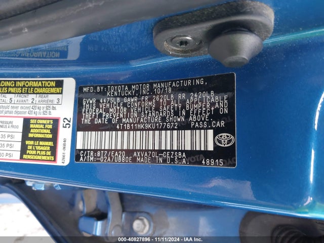 4T1B11HK9KU177672 Toyota CAMRY SE