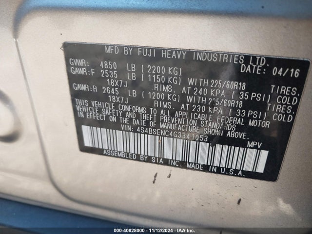 4S4BSENC4G3341053 Subaru Outback 3.6r Limited