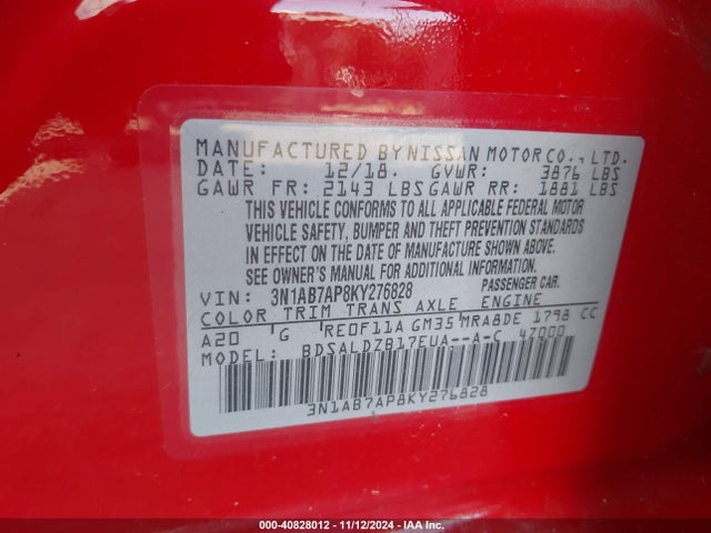 Nissan SENTRA SV 2019 3N1AB7AP8KY276828 Image 9