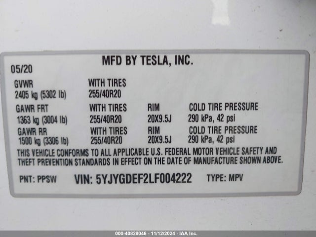 2020 TESLA MODEL Y 5YJYGDEF2LF004222 Photo 8