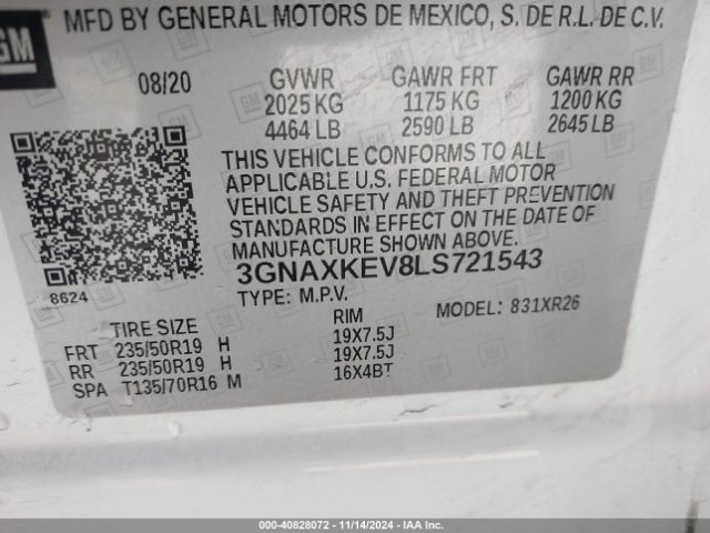3GNAXKEV8LS721543 Chevrolet Equinox Fwd Lt 1.5l Turbo