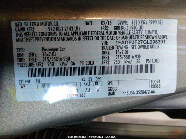 Ford FOCUS SE 2016 1FADP3F27GL298391 Image 9