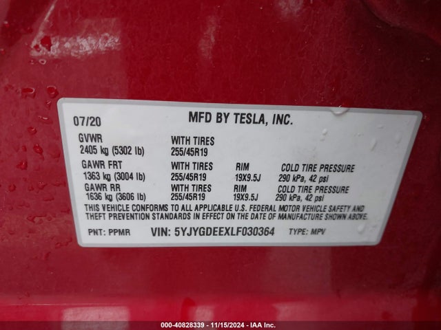 2020 TESLA MODEL Y 5YJYGDEEXLF030364 Photo 8