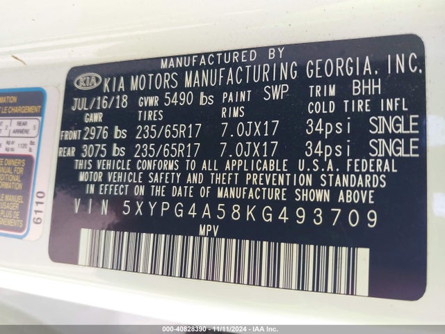 5XYPG4A58KG493709 KIA Sorento 3.3l Lx