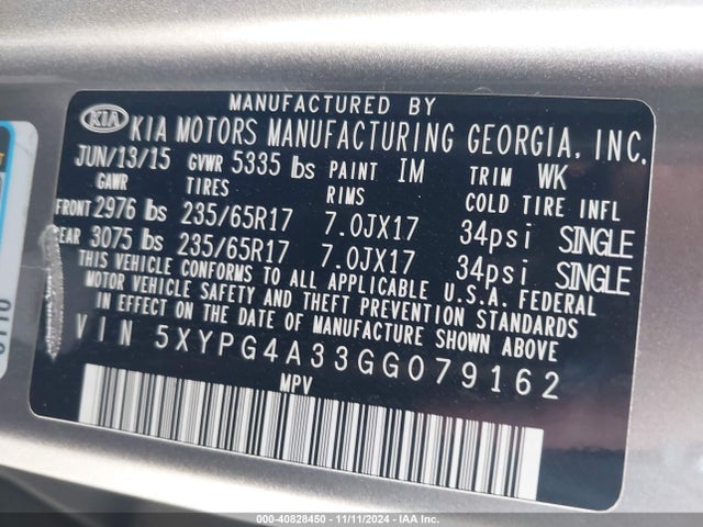 5XYPG4A33GG079162 KIA Sorento 2.4l Lx