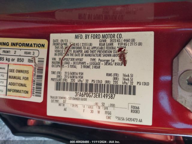 3FA6P0G73ER149587 Ford FUSION S