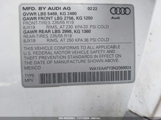 WA1EAAFY3N2069924 Audi Q5 Premium Plus 45 Tfsi S Line Quattro S Tronic