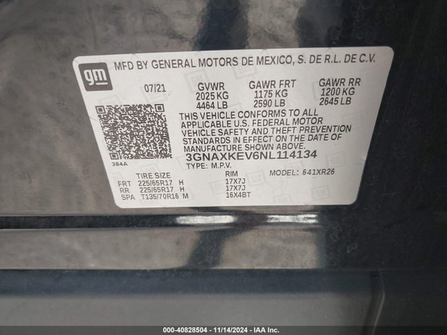 3GNAXKEV6NL114134 Chevrolet Equinox Fwd Lt