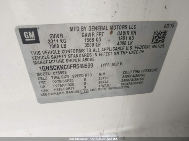 1GNSCKKC0FR649599 Chevrolet Suburban 1500 Ltz