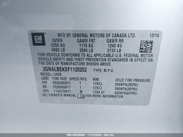 Chevrolet EQUINOX 1LT 2015 2GNALBEKXF1128252 Image 9