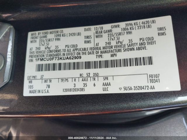 1FMCU0F73KUA62909 Ford ESCAPE S