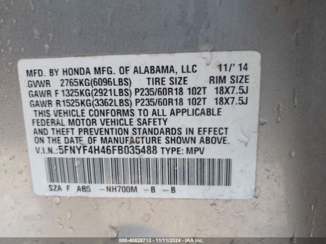 5FNYF4H46FB035488 Honda Pilot Ex