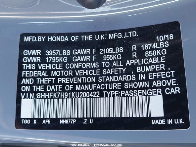 SHHFK7H91KU200422 Honda Civic Sport Touring