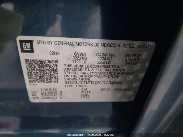 3GCUYDED0KG134986 Chevrolet Silverado 1500 Lt