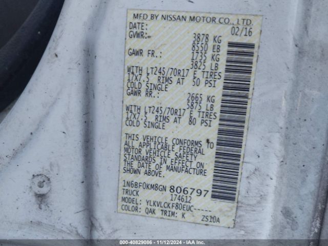 1N6BF0KM8GN806797 Nissan Nv Cargo Nv1500 S V6