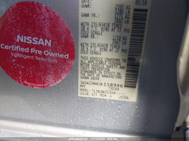 5N1AZ2MH6JN158946 Nissan MURANO SV