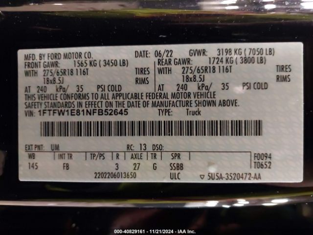 1FTFW1E81NFB52645 Ford F-150 Xlt