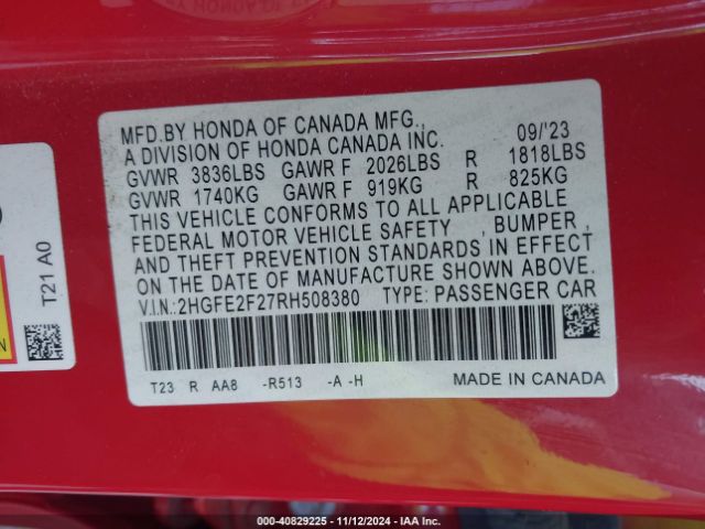 2HGFE2F27RH508380 Honda Civic Lx