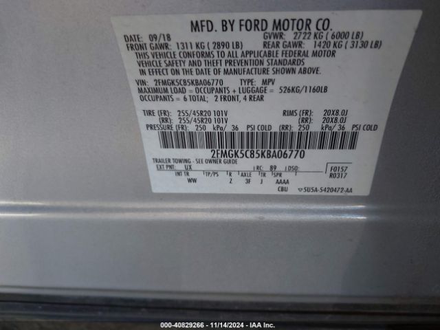2FMGK5C85KBA06770 Ford FLEX SEL