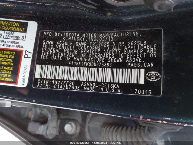 Продажа на аукционе авто 2013 Toyota Camry Se, vin: 4T1BF1FK9DU675863, номер лота: 40829268