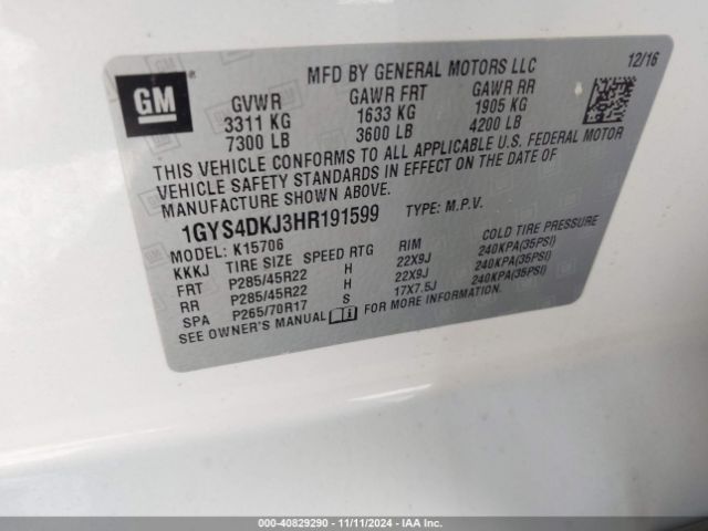 1GYS4DKJ3HR191599 Cadillac Escalade Platinum