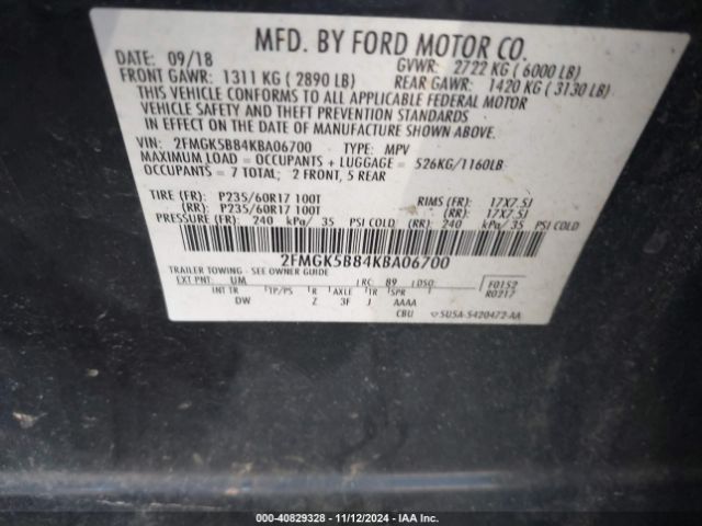 2FMGK5B84KBA06700 Ford FLEX SE