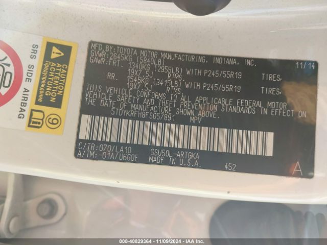 5TDYKRFH8FS057891 Toyota Highlander Limited Platinum V6