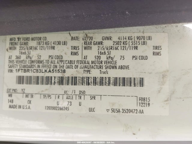 Ford 3.5l v6 cyclone 2020 1FTBR1C83LKA51538 Image 9