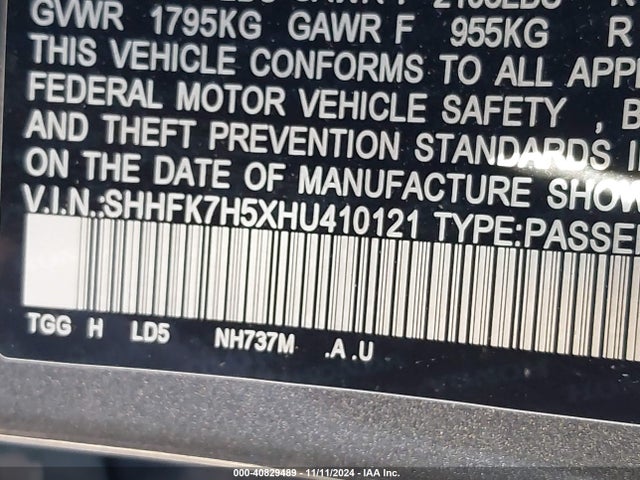 Honda CIVIC EX 2017 SHHFK7H5XHU410121 Image 9
